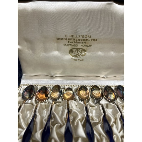 Set 8 Vintage Gustav Hellstrom Norway Sterling Silver Enamel Demitasse Spoons